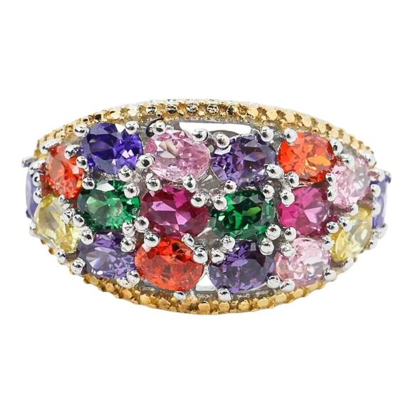 STS Karis Statement Cocktail Ring Silvertone Sparkly Multicolor Cluster Size 8 - Picture 1 of 4
